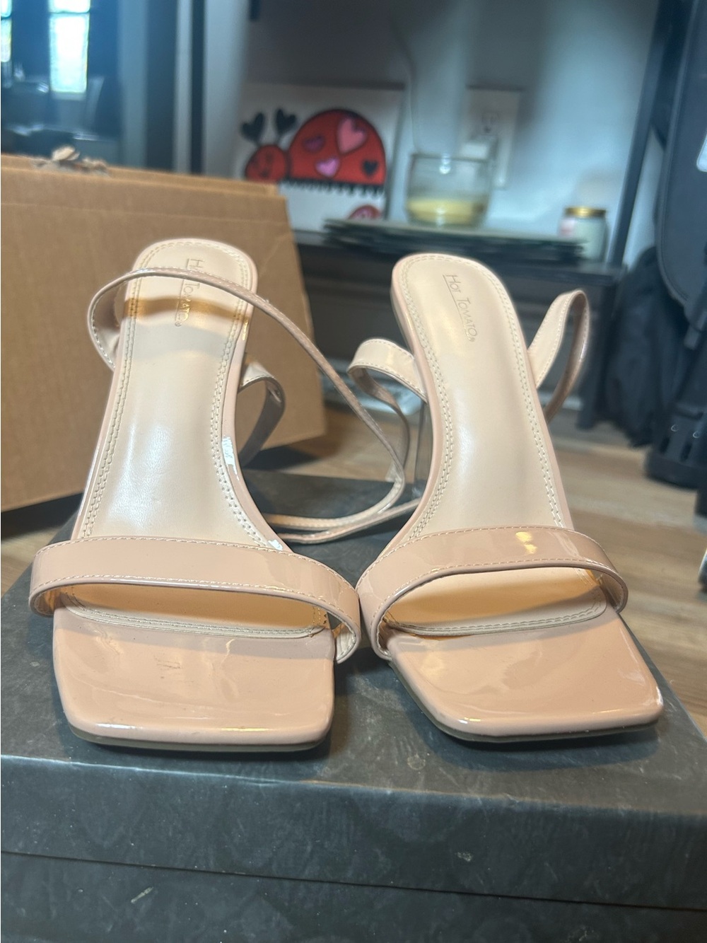 Hot Tomato Patent Nude Strappy Square-Toe Heels